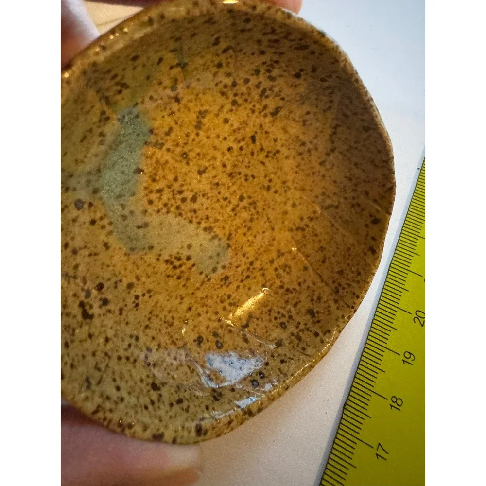 Handmade Studio Pottery Speckled Tan Small Bowl Artisan Ceramic Blue Drip 3